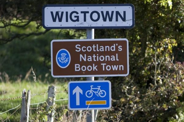 Road signs when approaching town of Wigtown