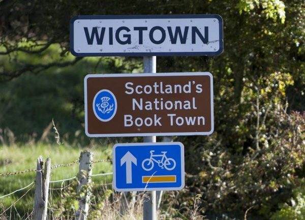 Road signs when approaching town of Wigtown